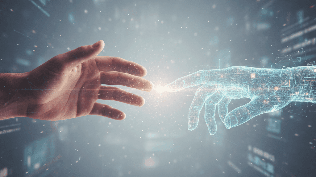 Human and digital hand reaching toward each other